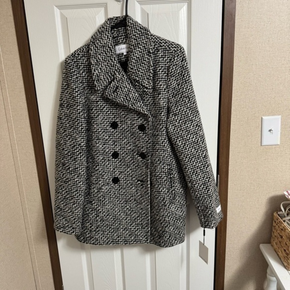 NWT calvin klein black tweed coat  sz 14